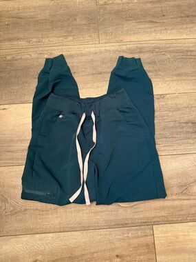 Figs Teal Scub Pants with Pink Drawstring